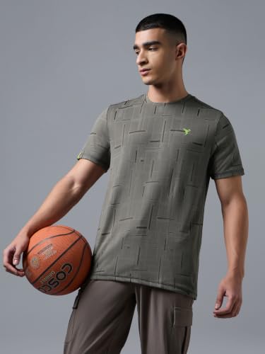 Image of Men Jacquard Slim Fit Round Neck Sports T-Shirt with Double Cool Cooling Technology, UPF 50+ UV Protection, Quick Dry, Anti Odour, Stretch Performance Gym, Running & Workout T-Shirt