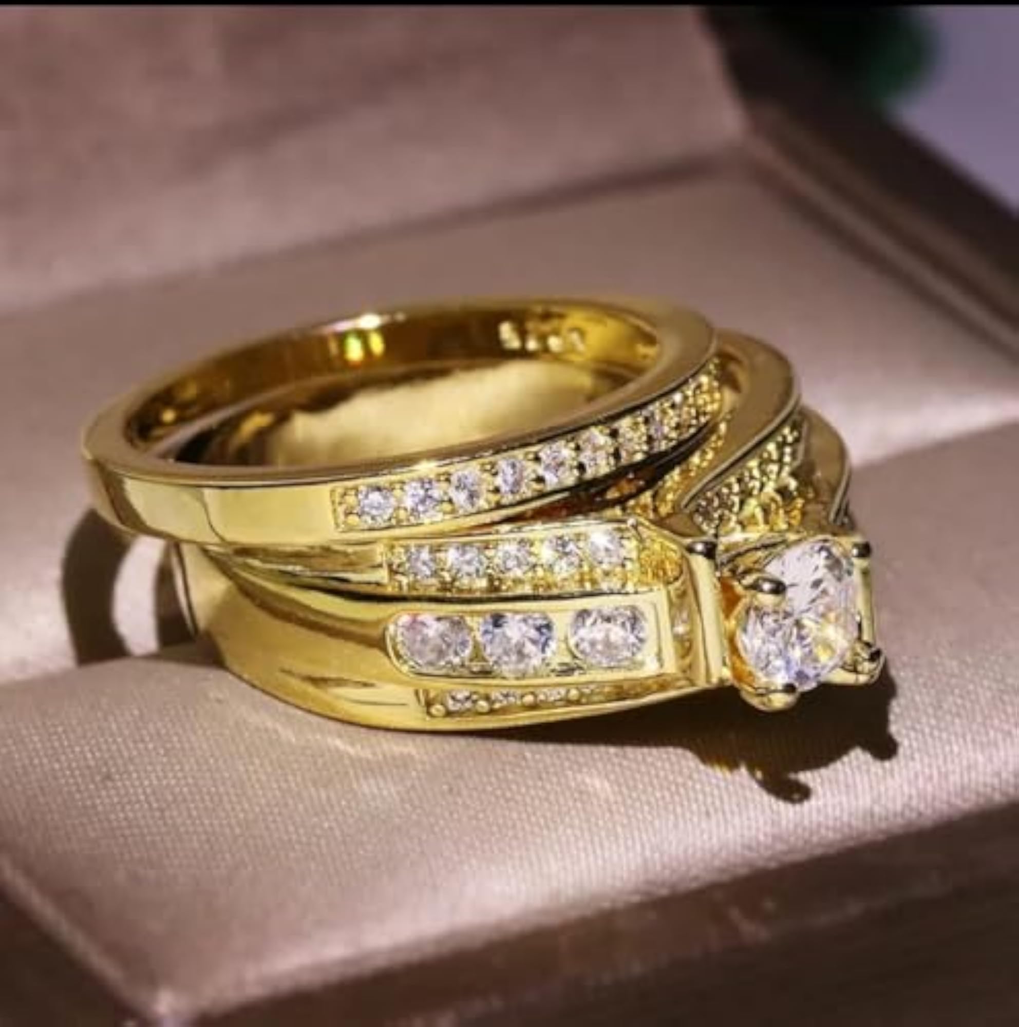 Women's Luxury Gold-Plated Diamond Ring Set, Engagement & Wedding