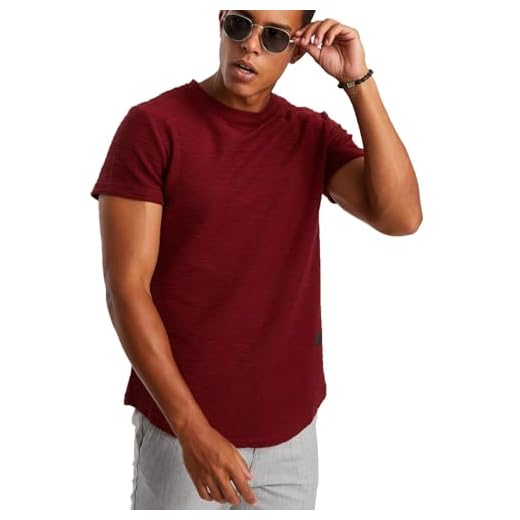 Leif Nelson Herr sommar t-shirt rund hals slim fit bomull-andel modern herr t-shirt crew neck huvtröja kortärmad lång LN6324, Vinröd, S