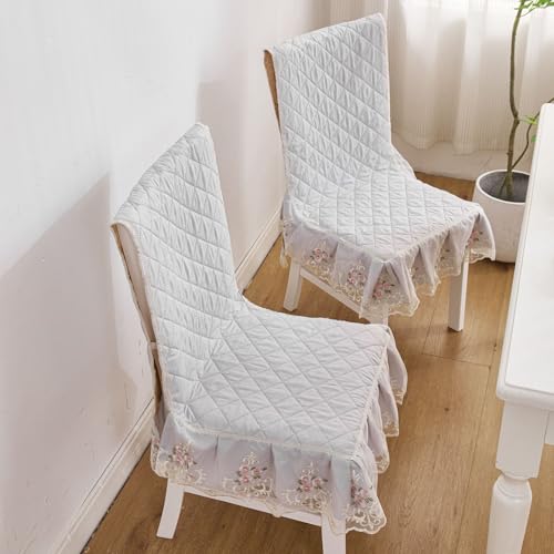 Image of HOMETHREADS Vintage Dining Chair Protector Cover, Quilted Cotton with Lace Frills, Easy Slip-On Design, Protects Seat & Backrest While Keeping Chair Visible, Washable & Reusable, Grey (Pack of 2)