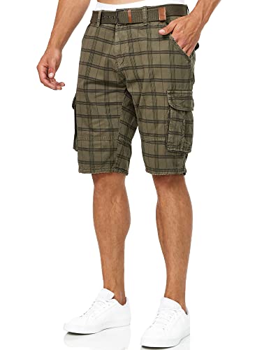 Indicode Hombres Monroe Shorts | Pantalones Cortos Cargo con cinturón Incluido Army Check L