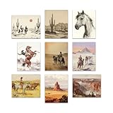 Design western vintage:Notre décoration murale présente 9 imprimé western distinct., avec des cowboys à cheval et des paysages emblématiques comme le Grand Canyon. Chaque motif utilise des tons naturels et des illustrations détaillées pour capturer l' sauvage du Far West., créer une expérience immersive, atmosphère nostalgique