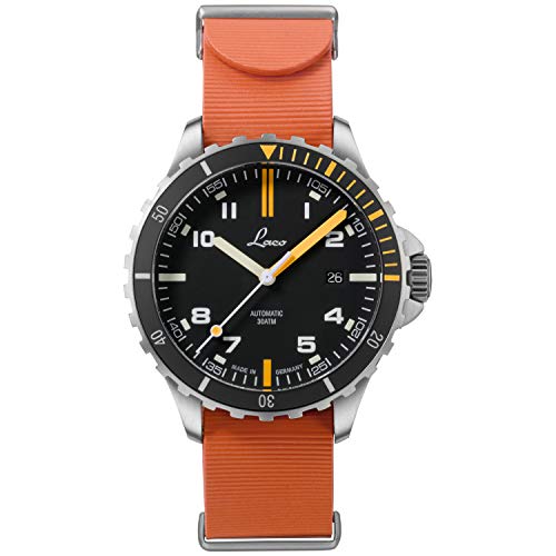 Laco Mojave.RB 862109.RB - Reloj deportivo para hombre (correa de caucho naranja, cristal de zafiro, diámetro de 42 mm, ETA 2824.2 (Elaboré), 25 piedras, automático, incluye estuche)