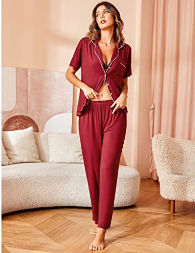 Image of Avidlove Women Pajamas Set Notch Collar Soft Sleepwear Pjs Short Sleeve Button Down Nightwear with Long Pants