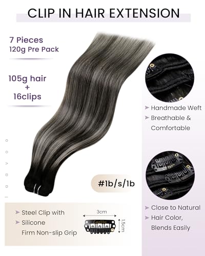 Image of LaaVoo Clip In Hair Extensions Real Human Hair, Full Head, 22 Inch | Soft Off Black Fading To Silver Grey Balayage, 120g 7pcs, Real Hair Extensions Clip In Human Hair, Silky, Seamless