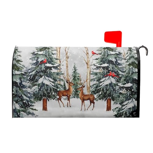 Image of Winter Pine Tree Mailbox Cover Magnetic Standard Size 21 inchx18 inch Christmas Deer Cardinal Decorative Mail box Covers Xmas Snowflake Holiday Mailbox Wraps Post Letter Box Cover for Home Garden Yard