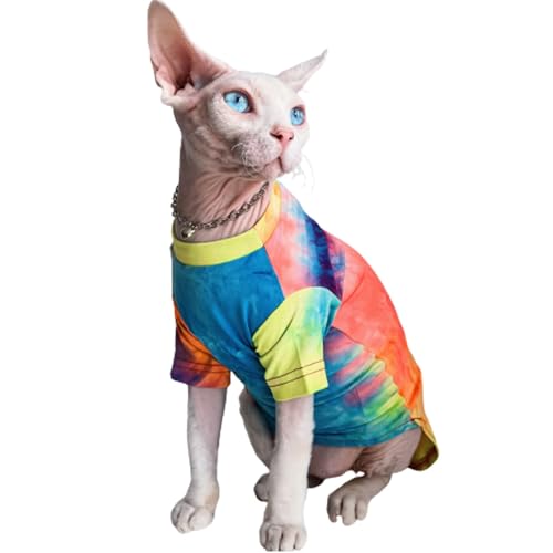 QBLEEV Sphynx Cat Clothes, Soft Hairless Cats Rainbow Rendering T-Shirt