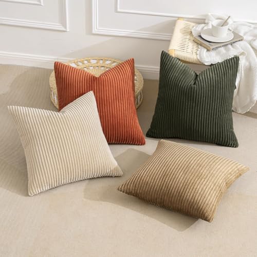 Image of MIULEE Boho Farmhouse Throw Pillow Covers 24x24 Inch Set of 4 Mordern Rust-Olive Green Cushion Covers Soft Corduroy Nordic Home Decor for Spring Couch Bed Sofa Living Room