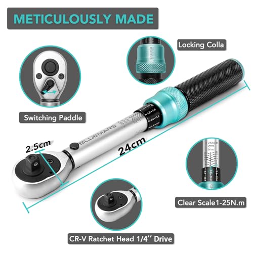 Image of BLUEMARS 14PCS Bicycle Torque Wrench Set 1-25 Nm, 1 /4 Inch Drive Click Torque Wrench Set with Dual Direction Adjustable 72 Tooth for Road and Mountain Bike and Motorcycle Maintenance