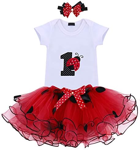 Baby Girls 1st Birthday Outfit Ladybug Polka Dot One Cake Smash Outfits Girl First Birthday Princess Dress Short Sleeve Romper Bodysuit Tulle Tutu Skirt Sequin Bowknot Headband Clothes Set Ladybug Red