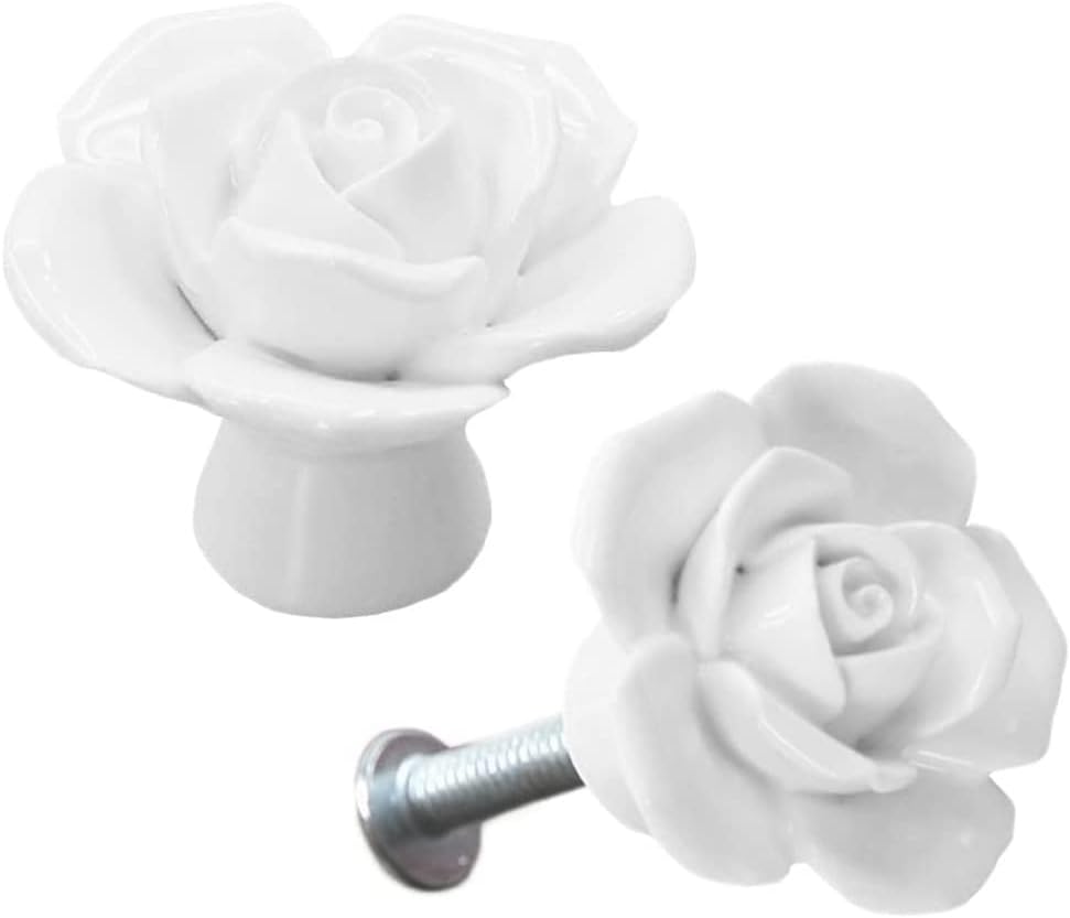 4-Pack Rose Ceramic Knobs, Rose Flower Ceramic Vintage Pulls Kitchen Cabinet Dressing Table Dresser Handles with 3 Size Screws for Girl's Room Dresser Cupboard Wardrobe (4, White)