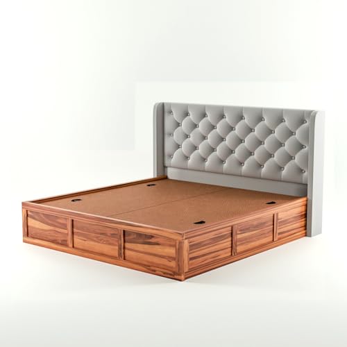 Image of Solid Sheesham Wood King Size Bed with Storage | Wooden Double Bed Cot Bed with Box Storage & Velvet Upholstered Cushioned Headboard for Bedroom (Honey D, King)