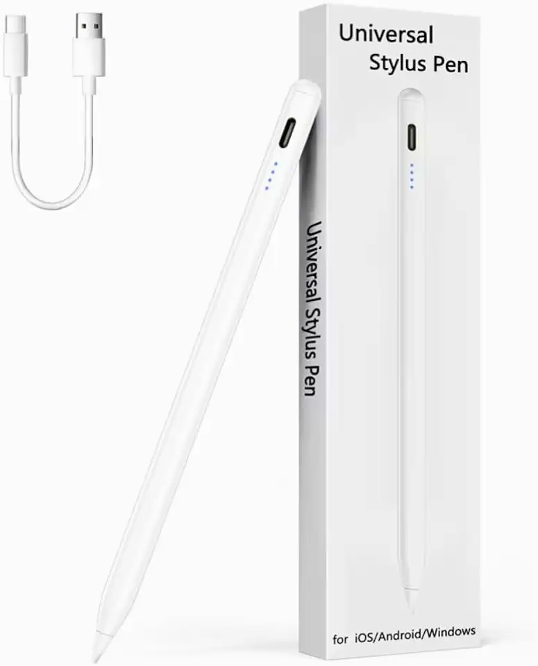 Caneta Stylus Recarregável Premium Para iPad Tablet Touch, Celular, Notebooks, Ponta Fina 1.5mm, Compatível com iOS, Android e Windows, USB, Alta Precisão, Branco