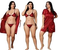 Plus Size 3-Piece Satin Sleepwear Set, Burgundy Red, Bra Panty and Robe Plus Size Nighty for Honeymoon Nighty for Female Nighty for Women Sexy Night Set for Honeymoon (Maroon, 5XL)