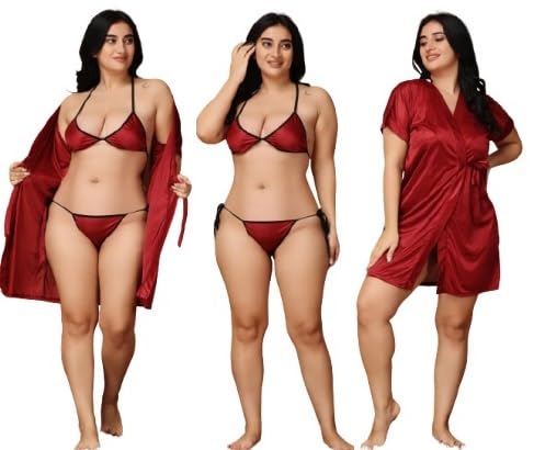Plus Size 3-Piece Satin Sleepwear Set, Burgundy Red, Bra Panty and Robe Plus Size Nighty for Honeymoon Nighty for Female Nighty for Women Sexy Night Set for Honeymoon