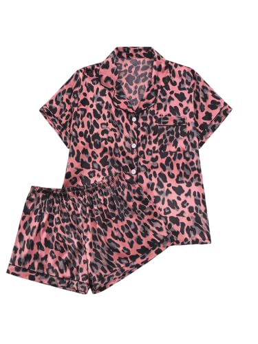 Image of SHENHE Women's 2 Piece Satin Pajama Set Leopard Short Sleeve Button Down Pj Shorts Set
