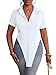LYANER Women's Collar V Neck Button Front Short Sleeve Slit Hem Long Shirt Blouse Top Solid White Large