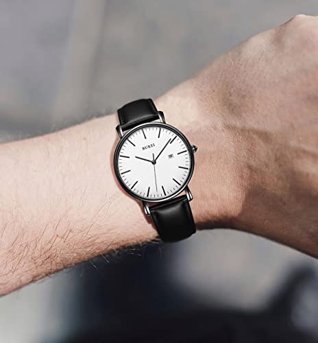 Miniatura 7 de Burei - Reloj Minimalista Ultra Delgado Para Hombre, Calendario, Elegante, Ventana Moderna, Simple, Esfera Grande, Correa De Piel, Blanco, Correa