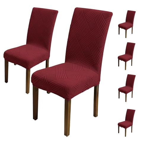 Image of House of Quirk Elegant Jacquard Chair Cover - 220 GSM Stretch Fabric, Universal Fit, Washable Short Dining Seat Protector Slipcover (Maroon, Pack of 6)