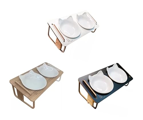 Comedouro duplo inclinado elevado para Gatos em MDF e Porcelana (Branco)