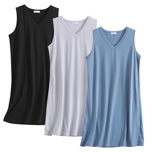 Image of PNAEONG 3 Pack Womens Cotton Nightgown V Neck Nightshirts Sleeveless Sleepwear Casual Print Sleepdress