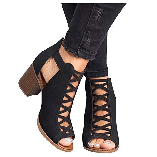 Ankle Boots for Women Low Heel,Summer Caged Gladiator Block Heel Strappy Dress Dressy Sandals Shoes for Women Black
