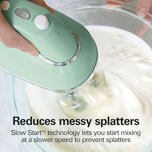 Hamilton-Beach-Vintage-Style-5-Speed-Electric-Hand-Mixer-Powerful-13-Amp-DC-Motor-for-Effortless-Mixing-Consistent-Speed-in-Thick-Ingredients-Slow-Start-Beaters-and-Whisk-Green-62601N Hamilton Beach Vintage Style 5 Speed Electric Hand Mixer Powerful 13 Amp DC Motor for Effortless Mixing Consistent Speed in Thick Ingredients Slow Start Beaters and Whisk Green 62601N