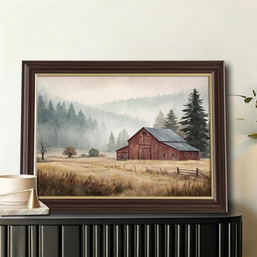 Image of Antique Framed Red Barn Canvas Art, Misty Mountain Farmhouse Landscape Canvas Prints, Vintage Watercolor Wall Decor Pictures for Living Room Bedroom Bathroom