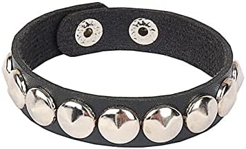 Spiked Studded Bracelet Black Leather Rivet Punk Bracelet Cuff Wrap Bangle Snap Button Metal Wristband for Men Women (Round Bracelet)