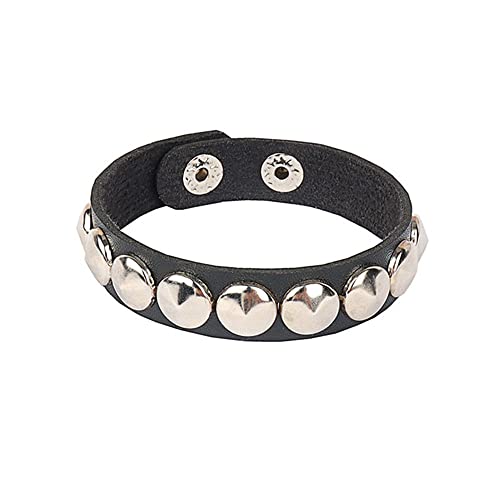 Spiked Studded Bracelet Black Leather Rivet Punk Bracelet Cuff Wrap Bangle Snap Button Metal Wristband For Men Women (Round Bracelet) #TOP3