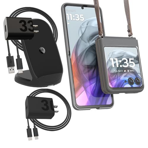 Motorola Razr 2024/2025 Koala Grey Adjustable Cross Body Case + TurboPower Wireless Stand + 33W Charger + TurboPower 30W Charger
