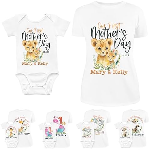 Customization Mill Our First Mothers Day Matching Outfit for Mom & Baby Boy, Girl | 10 Design - 5 Sizes | Personalized 1st Time Mom Shirt and Baby Bodysuit w/Names Cover