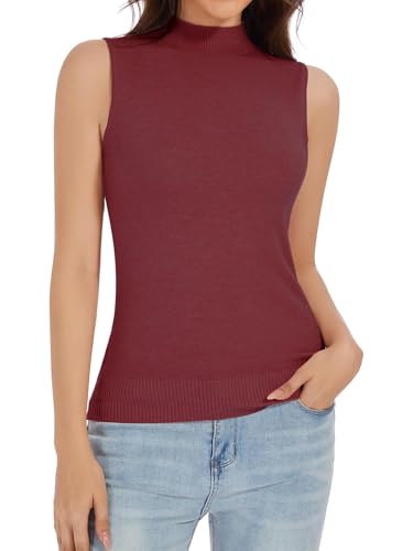 Image of Sleeveless Mock Neck Knit Tops for Women Slim Fit Turtleneck Sweater Vest Business Work Tank Pullover