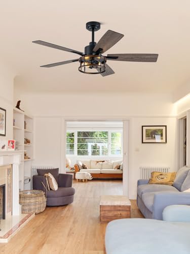 Image of Rustic Ceiling Fan with Lights and Remote, Large Farmhouse Ceiling Fan Caged Fandelier Chandelier, Reversible Quiet DC Motor 6 Speeds for Living Room (Rustic Cage, 52 Inch)