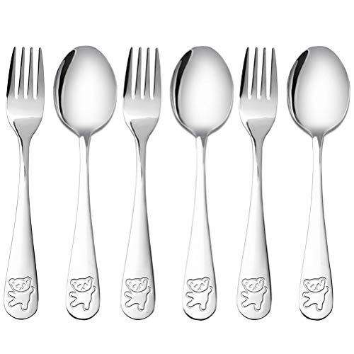 6 Pieces Kids Silverware Stainless Steel Children s Safe Flatware Little Bear Child Spoon and Fork Set Toddler Utensils Metal Cutlery Set,3 x Safe Forks,3 x Children Tablespoons