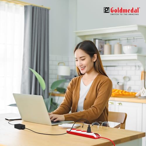 Image of Goldmedal 240 Volts Plugged-in 4x1 Extension Board | 4 Outlet Universal Sockets | Master Switch with Indicator | 5 Meter Heavy Duty Extension Cable | Multi Plug Socket for Home & Office