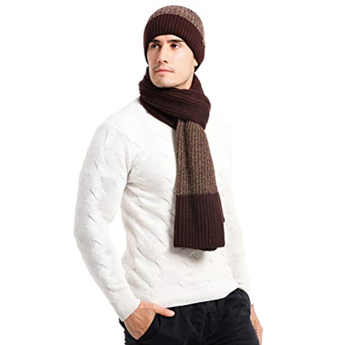 TENDYCOCO Conjunto de gorro masculino de tricô para inverno e cachecol de lã com tela sensível ao to