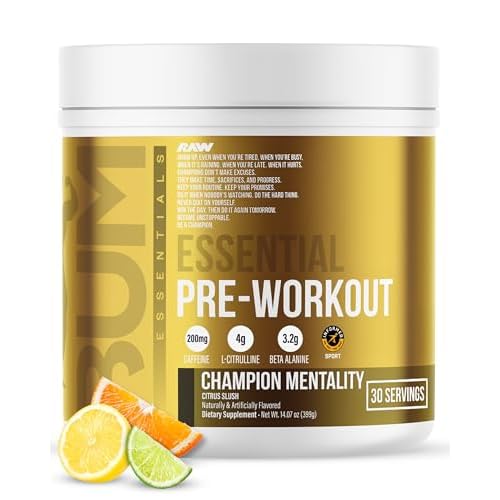 RAW Essential Pre-Workout Powder (Champion Mentality) – Chris Bumstead Sports Nutrition Supplement for Men & Women – Preworkout Energy Powder with Caffeine, L-Citrulline, L-Tyrosine & Beta Alanine