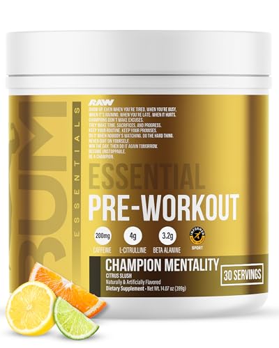 Image of RAW Essential Pre-Workout Powder (Champion Mentality) - Chris Bumstead Sports Nutrition Supplement for Men & Women - Preworkout Energy Powder with Caffeine, L-Citrulline, L-Tyrosine & Beta Alanine
