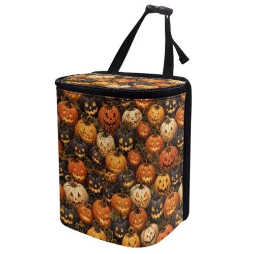 Image of Talayituse Halloween Pumpkin Leaf Print Car Trash Can with Lid, Leak Proof Auto Trash Bag Hanging Vehicle Garbage Can Multipurpose Storage Container for Back Seat Road Trip Halloween Decor