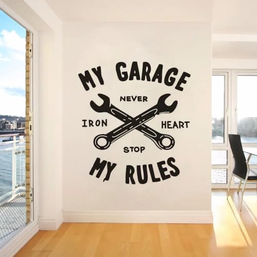 TUOQIANNAN Adesivo da Parete Rimovibile - Decorazione a Tema My Garage, My Rules Tool per Garage e officine - Adesivo da Parete in Vinile Nero 57x62cm