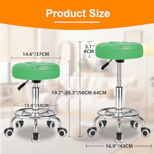 Image of Rolling Stool PU Leather Round - Ultra Soft Padded Seat Cushion Stool with Wheels with Footrest, Weight Capacity 300lb,Adjustable Height Stool for Tattoo Massage Salon Medical Spa Center (Green)