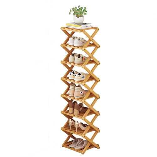 DECORN Zapatero Independiente de Bambú para Entrada - Estante Organizador de Zapatos Plegable - Zapatero Estrecho para Espacios Pequeños, Entrada, Pasillo, Armario,Wood Color-8-tier