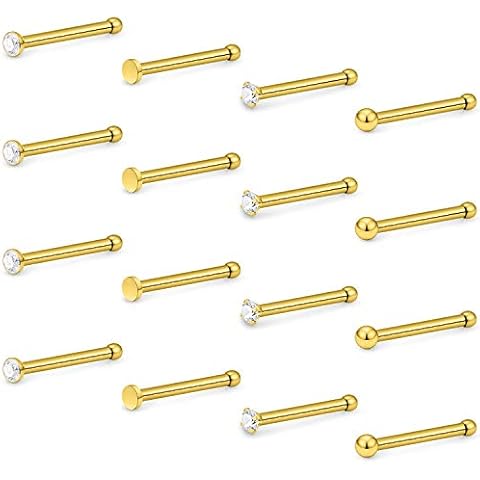 Hoeudjo Nose Rings 18G Nose Bone Studs Surgical Steel 1.5MM Clear Crystal Nostril Ring Body Piercing Jewelry for Women Men Gold-Tone 16 Pieces Cover