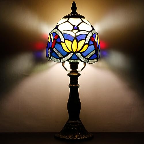 Image of SYETL Small Tiffany Lamp Mini Accent Table Lamp Blue Yellow Lotus Style Stained Glass Desk Memory Lamp Sympathy 6X14.6 Inch