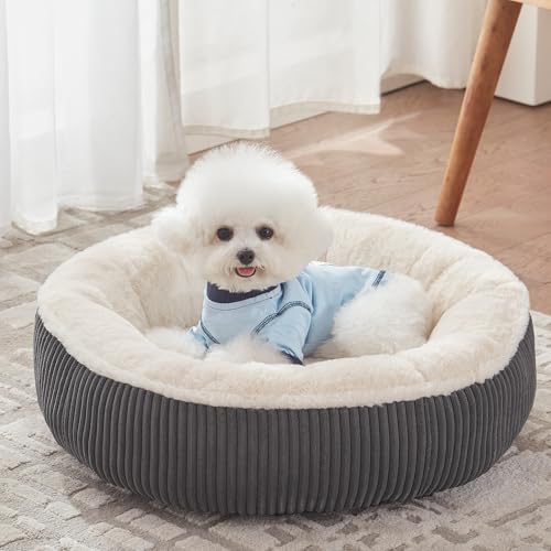 Image of 23 inches Donut Dog Bed for Small Dogs - Calming Round Puppy Bed with Removable &Washable Cover, Plush Faux Fur & Corduroy Pet Bed for Cats, Fits Pets up to 15 lbs(Dark Grey,Small)