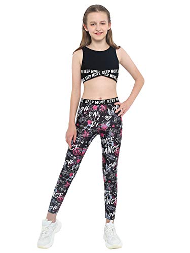 Freebily Vêtements Athlétique Adolescentes Fille Enfant Licorne Survêtement Eté Jogging Collant Leggings Gilet Brassière Sport Yoga Fitness Streetwear 3-16 Ans Noir Fuchsia 9-10 ans