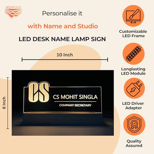 Image of Customized LED Name Plate for Office Desk Table Name Sign Birthday Gift For CS Company Secretary Receptionist HR Management Staff Employee (10 x 6 inch) (For CS (Company Secretary))