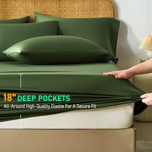 100% Viscose Derived from Bamboo Sheets King Size,Soft & Cooling Viscose from Bamboo Sheets Set, Organically Grown,Breathable & Soft Deep Pocket Up to 18 Inches(Olive Green) - Thumbnail 3
