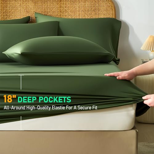 Image of 100% Viscose Derived from Bamboo Sheets Queen Size, Soft & Cooling Viscose from Bamboo Sheets Set, Organically Grown,Breathable & Soft Deep Pocket Up to 18 Inches(Olive Green)